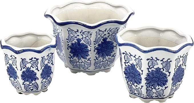 Galt International Blue & White Floral Porcelain Ceramic Decorative Flower Pot 8"/6"/4.5" Garden Pots Chinese Asian Design - Set of 3 Round Fluted