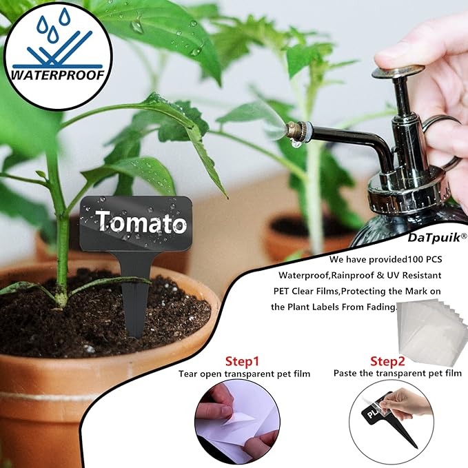 DaTpuik 100 Pcs Waterproof Black Durable Plastic Plant Outdoor Garden Labels Nursery Markers T-Type Thick Tags Re-Usable for Vegetables Seedlings