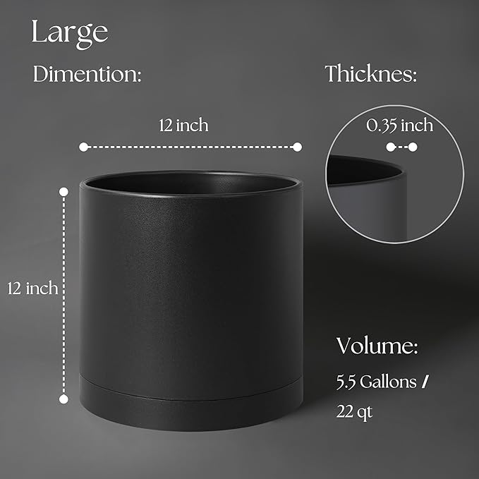 Giraffe Creation 12-Inch Round Cylinder Plant Pot, Modern Indoor/Outdoor Planter with Drainage Hole, Saucer & Water Reservoir, Black