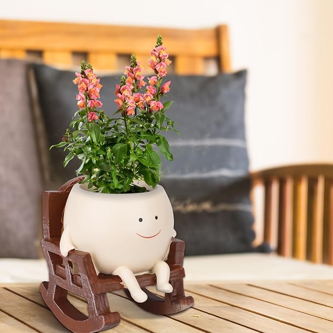 Smiling Flower Pot Rocking Chair – Whimsical, Decorative, and Practical Planter with Drainage Holes, Indoor and Outdoor Plant Pot, DIY Decoration Gift for Plant Lovers