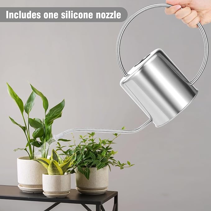 Plant Watering Can, 50 oz / 1500 ml Stainless Steel Metal - Modern Decorative with Long Spout for Indoor Potted Plants, Bonsai, Garden Flowers, Silver