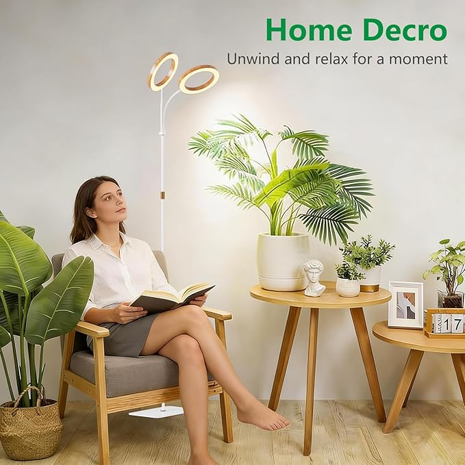 Dual Head Grow Light for Indoor Plants Full Spectrum-Floor Standing Plant Lamp with Auto Timer 6/12/18H, 5-Level Dimmable & Adjustable Height 16.5-68in for Large Tall Plants | Faux Wood Design