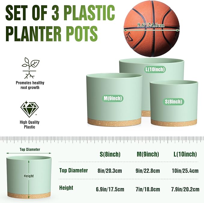 10/9/8 Inch Large Plant Pots with Drainage Holes and Trays, 3 Pack Modern Minimalist Cylinder Planters for Monstera, Snake Plant, Indoor Outdoor (Matte Green & Brown)
