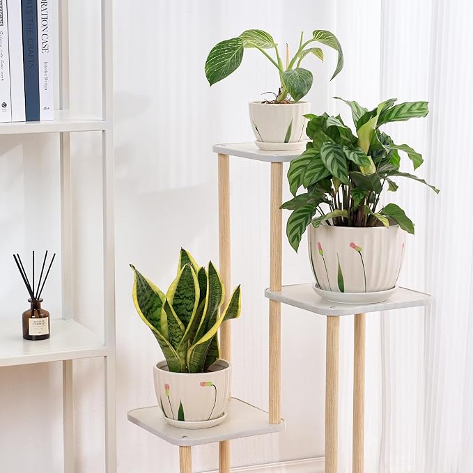 STHIE 4/5/6 Inches Ceramic Plant Pots with Drainage Holes and Saucers, Round Flower Pots for Indoor Plant, Small Flower Planters Set of 3 (White Floral-Big Size)