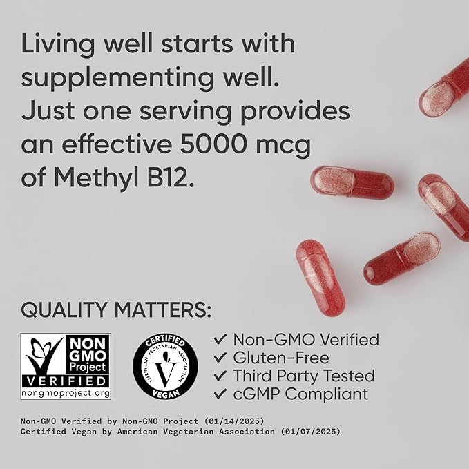 Sports Research® Vitamin B12 as Methylcobalamin 5000mcg - High Potency Vegan B12 w/Coconut MCT Oil for Energy Metabolism Support - Vegan Certified · Non-GMO · Gluten Free - 120 Liquid Caps