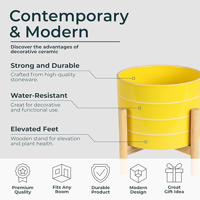 Striped Ceramic Planters with Wooden Stand as Home Decor Flower Pots for Entryway, Patio, Tabletop, and Garden - Colorful Decorative Pots for Indoor and Outdoor Plants - 9", Yellow & Tan