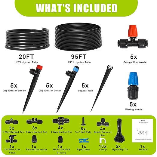Drip Irrigation Kit Automatic Watering System 115FT Misting Sprinkler DIY Devices with 1/4" & 1/2" Tubing Hose, Adjustable Nozzle Emitters, Quick Connectors for Greenhouse, Garden, Patio