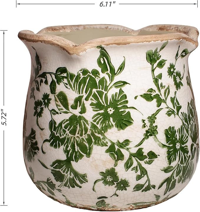 Xiaan Jiaju Tuscan Ceramic Plant Pots, 6.11 Inch Vintage Planters with Drainage Hole for Indoor Plants, Farmhouse Green Scroll Vase & Flower Pots, Home Kitchen Garden Decor, Plant Lover Gifts