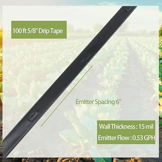 100 ft 5/8" Drip Irrigation Tape Kit Emitter Spacing 6" with 20PCS Drip Tape Connectors and 20PCS Drip Tape Row Ends Automatic Equipment for Garden Irrigation Wall Thickness : 15 mil 0.53GPH