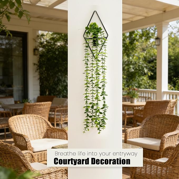 GREENTIME 2 Pack Fake Eucalyptus Hanging Plants 22" with 9.8" Diamond Metal Wall Planter UV Resistant No Maintenance Boho Wall Decor for Indoor Outdoor Bedroom Living Room