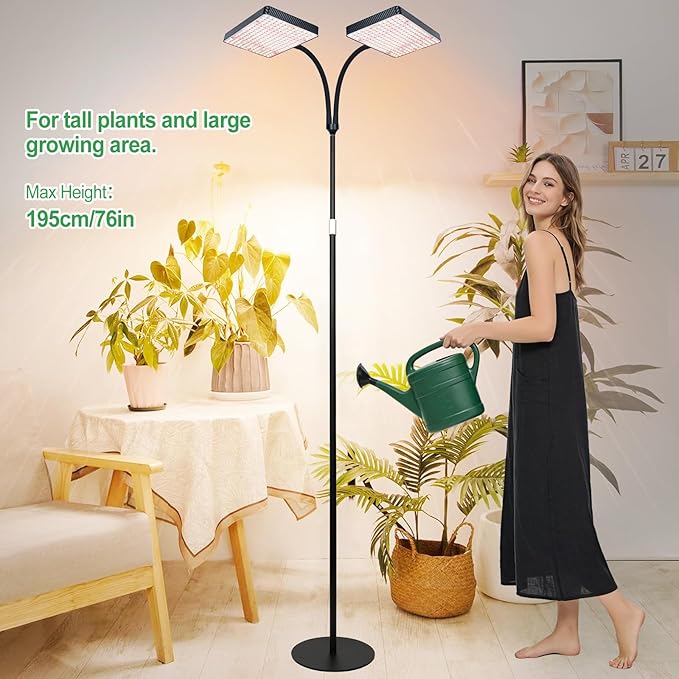 FRGROW 2026 2Head Full Spectrum Floor Lamp Grow Light, 50 Watt Bright Grow Lights for Indoor Tall Plants, Bonsai Tree, Auto On/Off Daily Timer(4/8/12/16/20H), Adjustable Stand 24"-78"