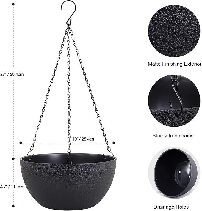 Meowell 10 inch Hanging Planters for Indoor Outdoor Plants, 2 Pack Hanging Flower Pots with Drainage Holes and Chain for Garden Porch, Round Plastic Hanging Baskets for House Plants, Black