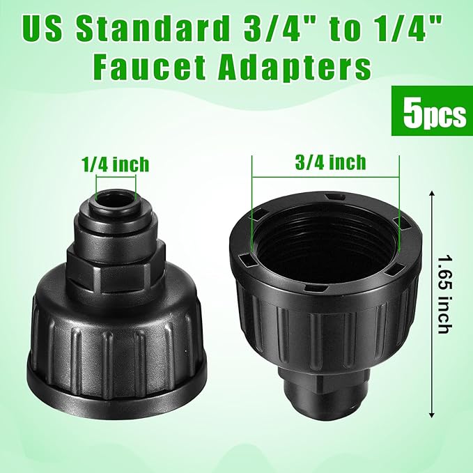 5 Pack US Standard 3/4" to 1/4" Faucet Adapters with Rubber Gaskets,1/4 inch Irrigation Tubing Fittings Garden Faucet to Hose Adapter for 1/4 Inch Drip Irrigation Tubing Garden Irrigation System