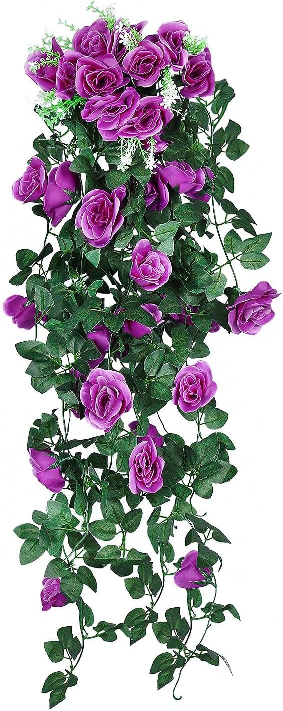 RECUTMS 2Pieces 3.3Ft Fake Hanging Flowers Artificial Rose Plants Wall Décor Wedding Home Garden Decoration (Purple)