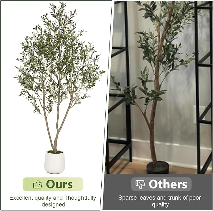 VIVATREES Olive Trees Artificial Indoor, 5FT Tall Faux Olive Tree with White Tall Planter, Artificial Plants with Natural Wood Trunk and Lifelike Fruits for Home Office Decor