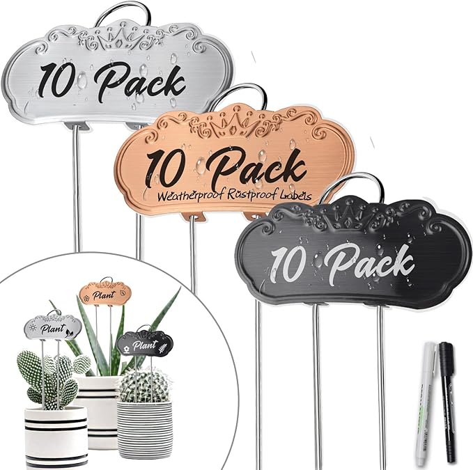 30 PacksTCYPUHL Metal Plant Labels, Tall Outdoor Garden Markers for Flowers, Fruits and Vegetables, 304 Stainless Steel Weatherproof Signs (4" x 1.9", Silver, Black and Gold)