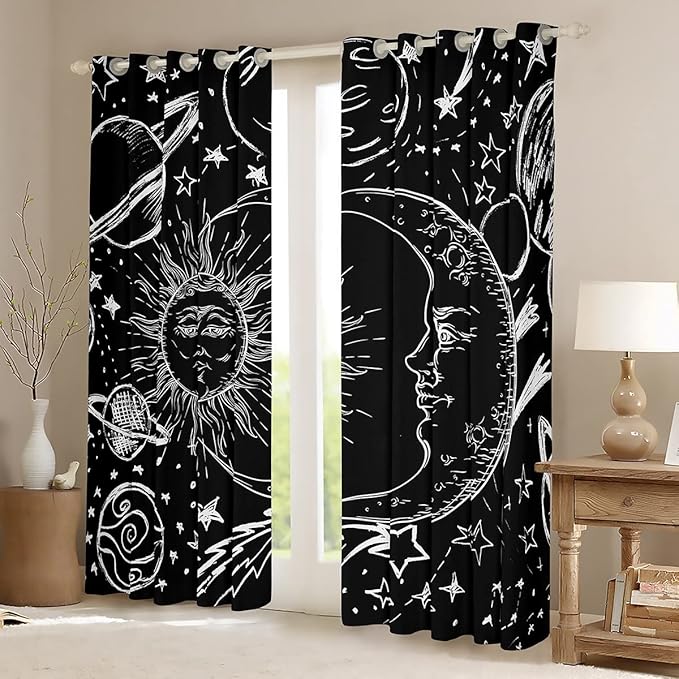 Feelyou Sun and Moon Window Drapes Bohemian Style Curtains Kids Room Decor Boys Girls Galaxy Window Treatments Cosmic Celestial Window Curtains Bedroom Living Room 42W X 84L，2 Panels