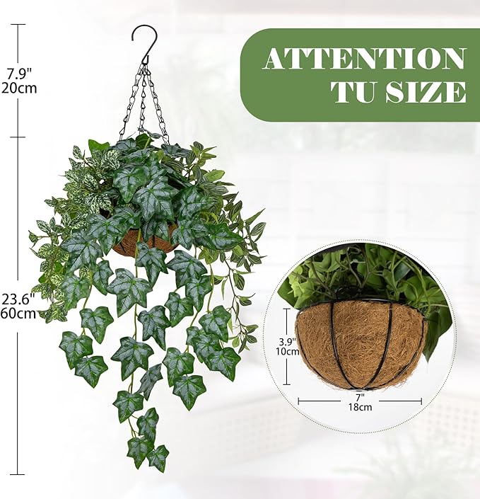 Fake Hanging Plant with Pot, Large Hanging Artificial Plants with Basket & Hanger Faux Greenery Plants Indoor Outdoor Decor Fake Ivy Vine Plant in Pot for Wall Balcony Patio Office Bathroom Shelf