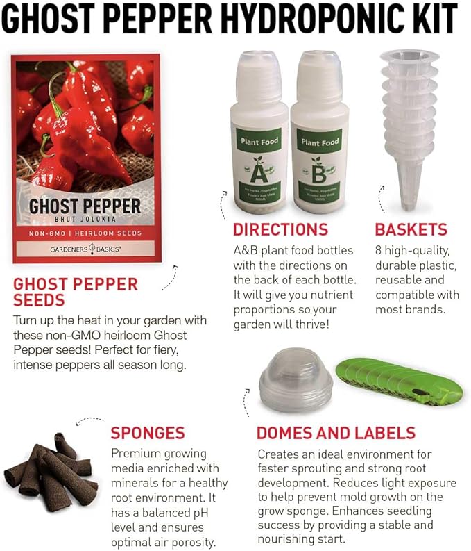 Ghost Pepper Hydroponic Growing Kit - Grow Your Own Bhut Jolokia Peppers - Non-GMO Heirloom Seeds, Complete Indoor Hydroponic Grow Kit, Hot Chili Gardening Gift for Spicy Lovers, Easy to Grow & Plant