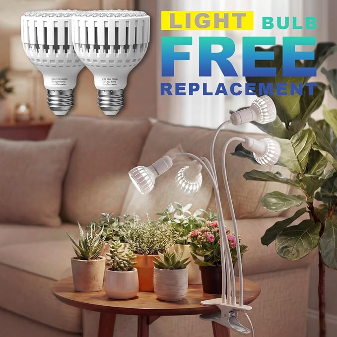 LED Grow Light, Dual-Head 5000K White Full Spectrum Clip-on Gooseneck Plant Lamp for Indoor Desk Plants Growing with 4/8/12H Timer, Bulb Replacement & Smart Plug Compatible (48W Equivalent 320W)