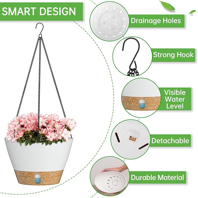 ZMTECH 2 Pack 8 Inch Hanging Planters for Indoor Plants, Modern White Hanging Planter with Visible Water Level Window & Removable Tray, Decorative Plant Hanger Indoor for Home Decor