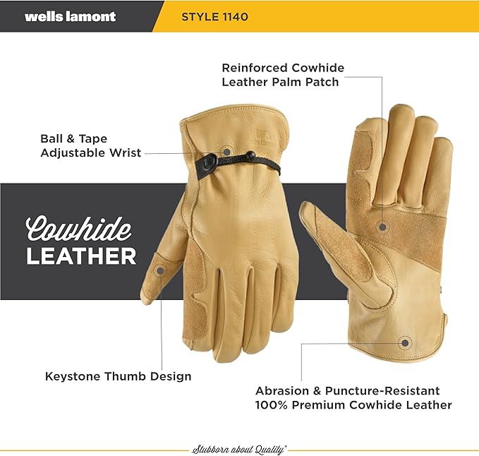 Wells Lamont Leather Work Gloves for Men – Heavy Duty, Cowhide, Abrasion & Puncture Resistant – Adjustable Wrist, Gunn Cut Design, Ideal for Ranching, Farming, Construction - Timber - XXL