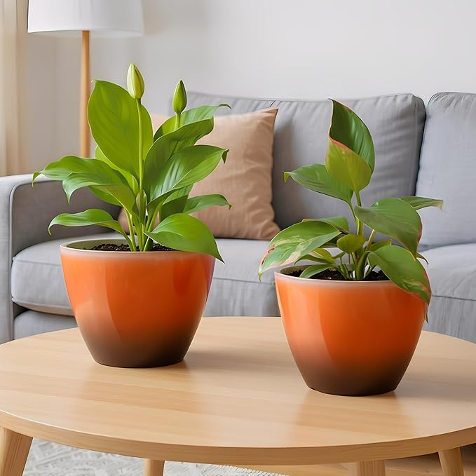 Vanslogreen 2 Pack Plastic Plant Pots with Drainage Holes, 8 inch Planter for Indoor Outdoor Plant, Garden Flower Pots for Aloe, Herbs, Cactus (Orange, 2pcs)