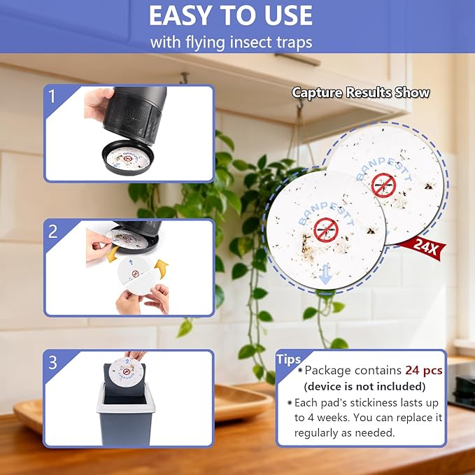 Fruit Fly Trap Refills 24 Pack, 4.3" Sticky Glue Boards Compatible with Most Round Gnat Traps for Indoor Use (Device Not Included)