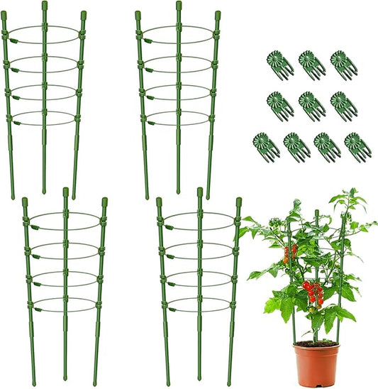 Legigo 4 Pack 24 Inch Plant Support Cages Tomato Cage for Garden- Plant Cages Adjustable Rings, Tomato Plant Support Stakes Trellis for Pots, Peppers, Cucumbers and Flowers with 10 Plant Clips