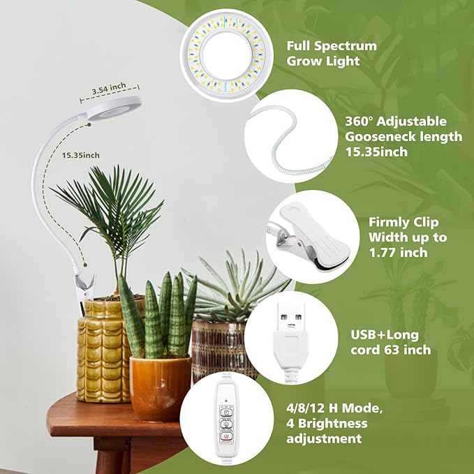 LORDEM Grow Light,Full Spectrum Pot Clip LED Plant Growth Light with Auto On/Off Timer 4/8/12H,Plant Lamp with 360°Rotatable Gooseneck, 4 Dimmable Brightness, Ideal for Small Indoor Plants, 2 Pack