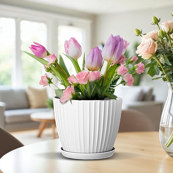 White 6-Inch Plant Pots with Drainage & Saucers 12 Pack, Indoor & Outdoor Planters for Houseplants, Herbs, and Flowers, Durable & Weatherproof Material, Stackable, Lightweight, Minimalist Design