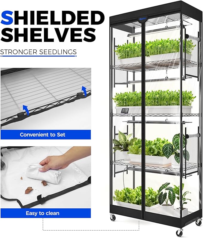 Barrina LP750 Indoor Greenhouse with Grow Light, 5-Tier Plant Stand with Light 140W TX-S35 2FT, 5000K Full Spectrum Plant Shelf with Tent, Timer & Thermometer for Seed Tray Growth 29.5 x 13.8 x 70.9IN