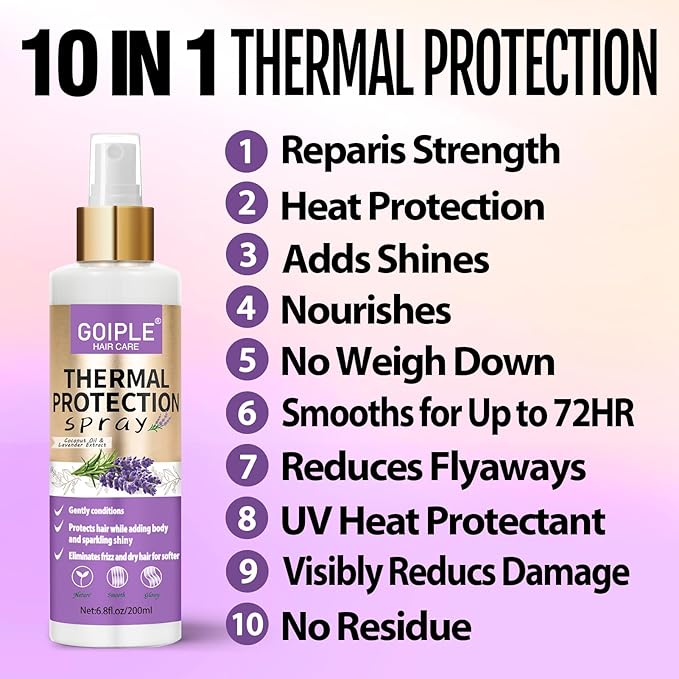 10 in 1 Heat Protectant Spray for Hair Protectant Product- Lavender Hair Heat Protectant Treatment - Repair 450°F Thermal Protector- Nourishing Formula Heat Protection Spray for Damage & Tame Frizz