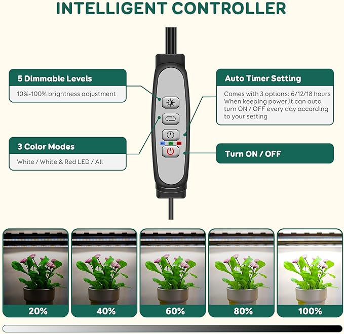 6-Bar Grow Light Strips for Indoor Plants, 16" Full Spectrum Plant Lights, 6500K Sunlike Grow Lights with 6/12/18H Timer, 5-Level Dimmable for Indoor Growing
