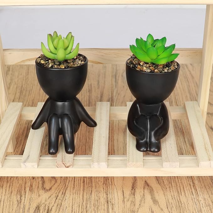 Pack of 4 Black Cute Fake Plants, Artificial Succulent Plants with Creative Human Shaped Pots,Mini Potted Desk Plants for Office Bathroom Shelf Cubicle Home Decor (Matte Black)