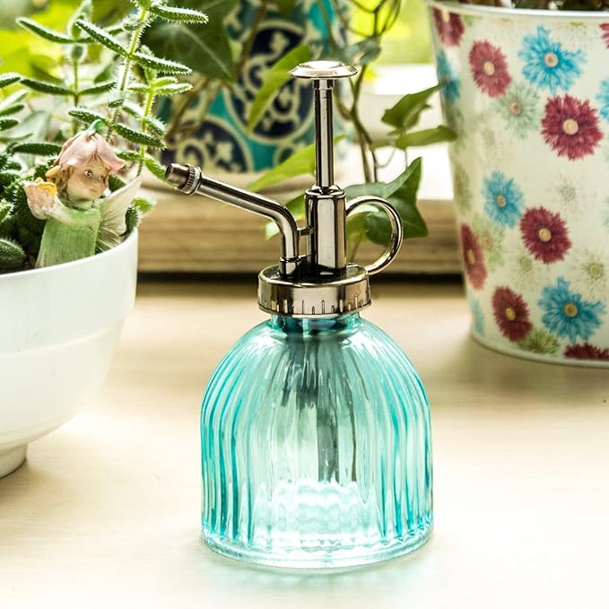 Topadorn Blue Glass Plant Mister Spray Bottle - Mini Vintage Watering Can with Pump for Indoor Plants & Succulents