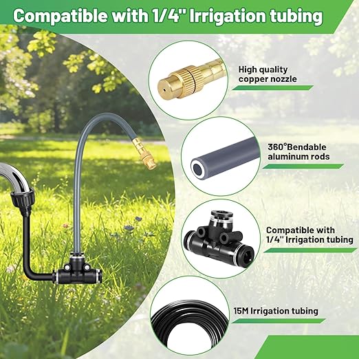 360° Adjustable 1/4" Drip Irrigation System,Bendable Watering Misting Irrigation System, Garden Watering Atomizing System with 15 Nozzles, Automatic Irrigation System for Garden
