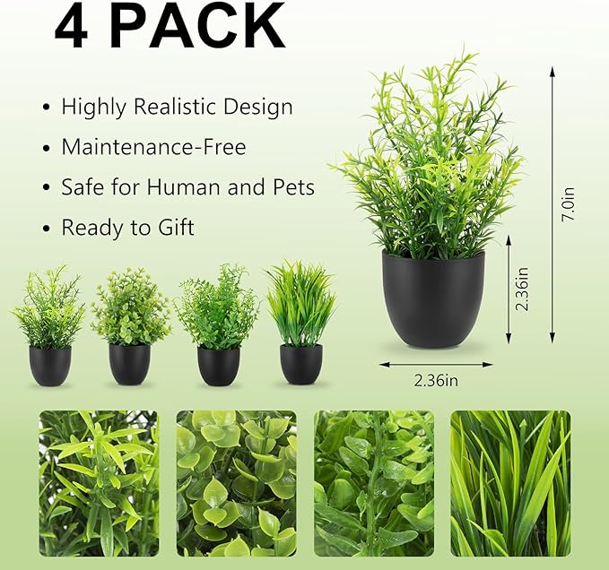 4 Pack Fake Desk Plants Small Faux Plants Mini Potted Artificial Plants for Table Bathroom Home Room Kitchen Shelf Office Decor