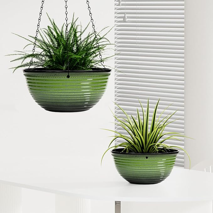 Vanslogreen 10 Inch Hanging Planter, 2 Pack Hanging Planters for Indoor Outdoor Plants, Hanging Pots with Drainage Holes for Garden Home (Green)
