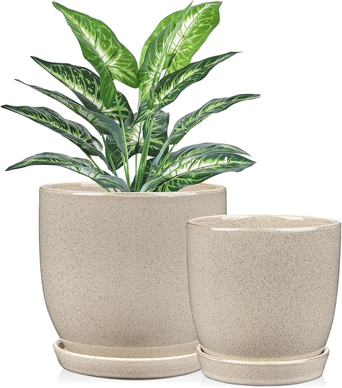 GnFlus Ceramic Plant Pots 6 Inch + 5 Inch Set of 2, Flower Plants Pot with Drainage Holes and Saucers Tray White Planter Garden Pot for Succulent Cactus Home Decoration Gift Indoor Outdoor