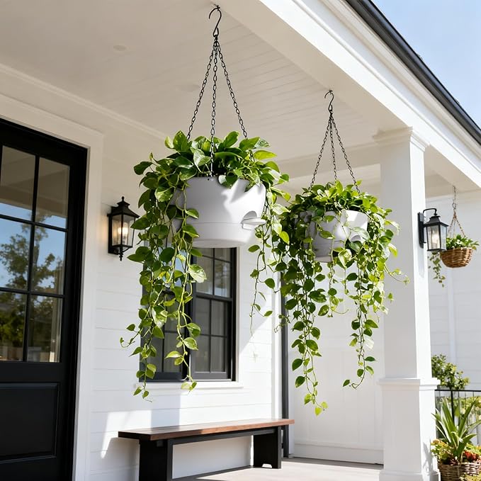 UOUZ 13 Inch 2 Pack Large Self Watering Hanging Planters for Indoor Outdoor Plants, Hanging Plant Pots with Removable 50 Oz Reservoir, Plastic Hanging Basket for Window Porch Garden, White
