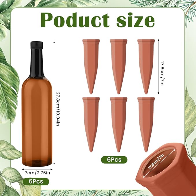 12 Pcs Self Watering Spikes for Plants Terracotta Automatic Plant Waterer Stakes with(25.5 Oz) Plastic Bottles, 6 Set Self Watering Globes Keep Plants Watered for 7-9 Days (Brown)
