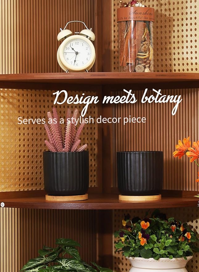 TAMAYKIM 4 Inch Small Plant Pots Indoor, Ceramic Flower Pot with Drainage Hole and Tray, Modern Vertical Pattern Planter for Succulents, Snake Plant, Aloe, Herbs, Black, Set of 4
