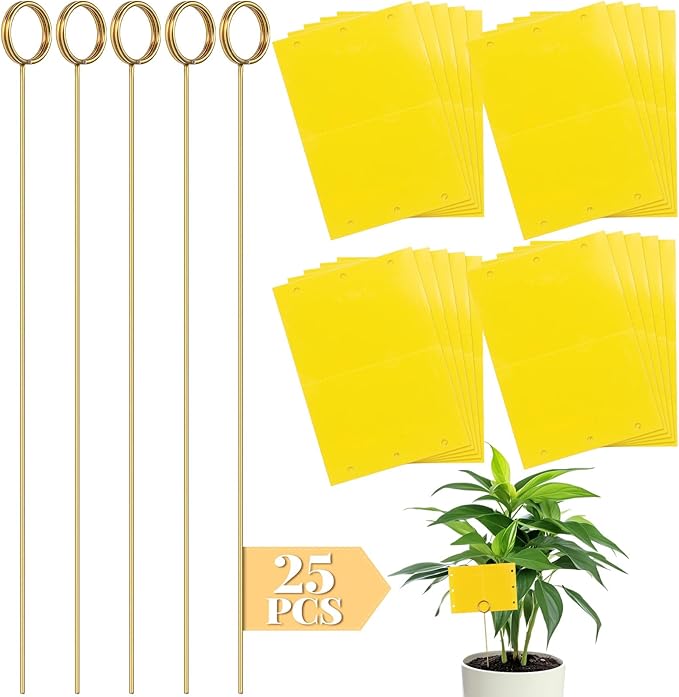 50 Pcs 12 Inch Dual-Sided Yellow Fruit Fly Traps Kit Includes 25 Sticky Cards and 25 Golden Long Wire Holders Effective Insect Gnat Trap Killer for Garden Plant Indoor Pest Control Fungus Gnats