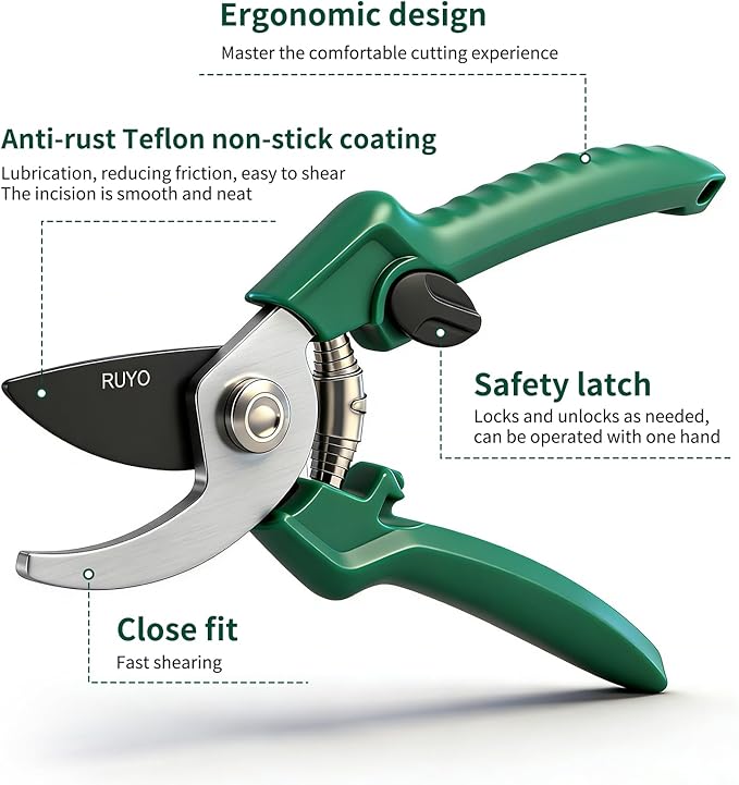 Bypass Pruning Shears, 3/8-Inch Cut Capacity Garden Clippers, Gardening Scissors with Sharp, Rust Resistant Steel Blade (Green, 3/8'')