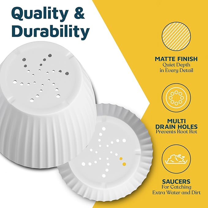 White 6-Inch Plant Pots with Drainage & Saucers 6 Pack, Indoor & Outdoor Planters for Houseplants, Herbs, and Flowers, Durable & Weatherproof Material, Stackable, Lightweight, Minimalist Design