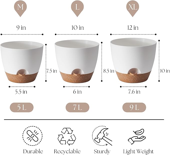 TYMENSH Plant Pots 12/10/9 inch Set of 3, Self Watering Flower Pots Indoor Outdoor, Planters with Drainage Hole Saucer Reservoir, White