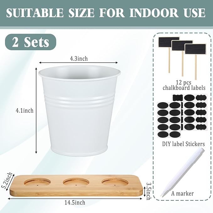 LemonRoad 6 Pcs Indoor Herb Planter Window Herb Pots for Kitchen with Drainage Hole and Bamboo Tray Farmhouse Metal Garden Planter Pot with DIY Label Mom Plant Gift(White,Round)