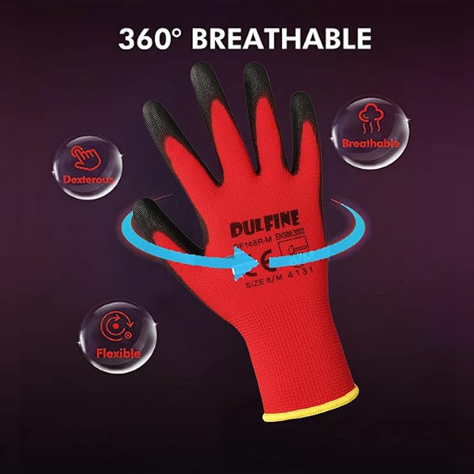 Safety Work Gloves PU Coated-12 Pairs,Red Seamless Knit Glove with Polyurethane Coated Smooth Grip on Palm & Fingers, for Men and Women, Ideal for General Duty Work (XX-Large)