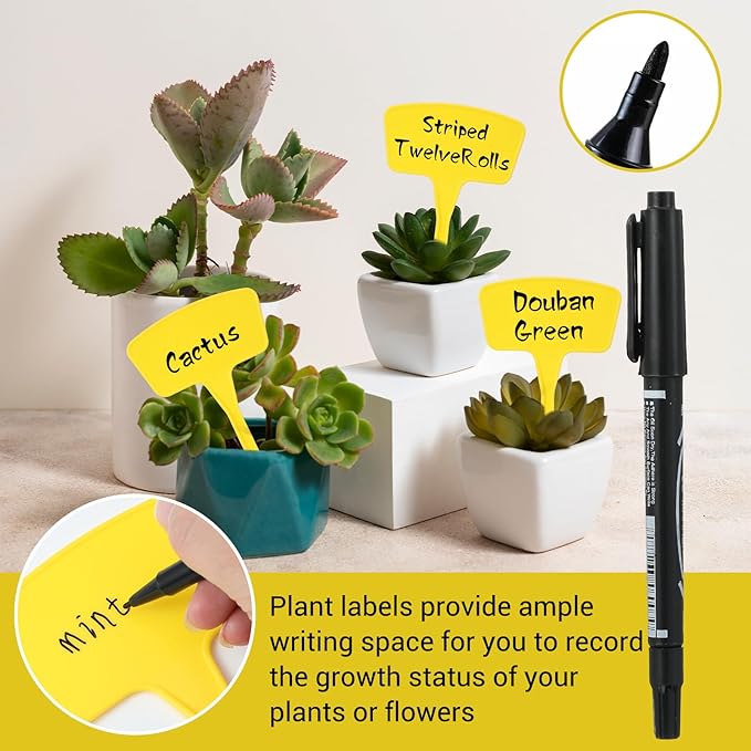 100 Pcs Plant Labels, Garden Markers Signs with Pen, 10.62" Large Plastic Plant Tags Waterproof T-Type Tags, Durable Nursery Garden Markers for Outdoor Indoor Potted Plants Flowers Seeds (Yellow)